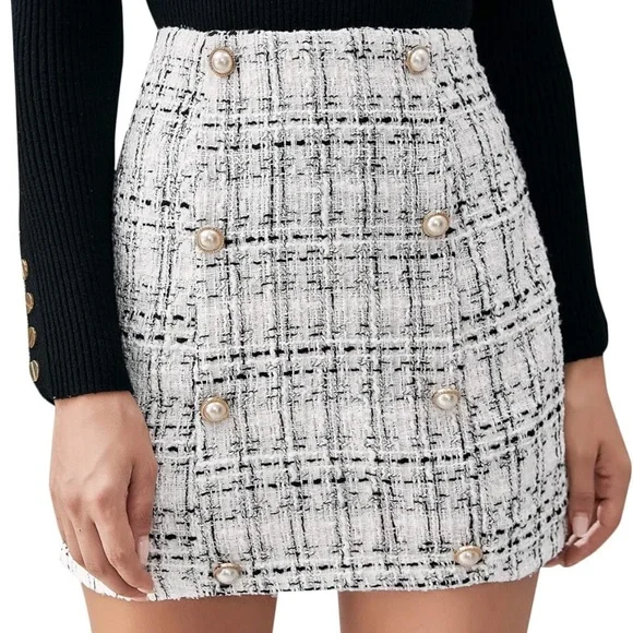 High Waist Tweed Plaid Mini Skirt - Picture 1 of 16